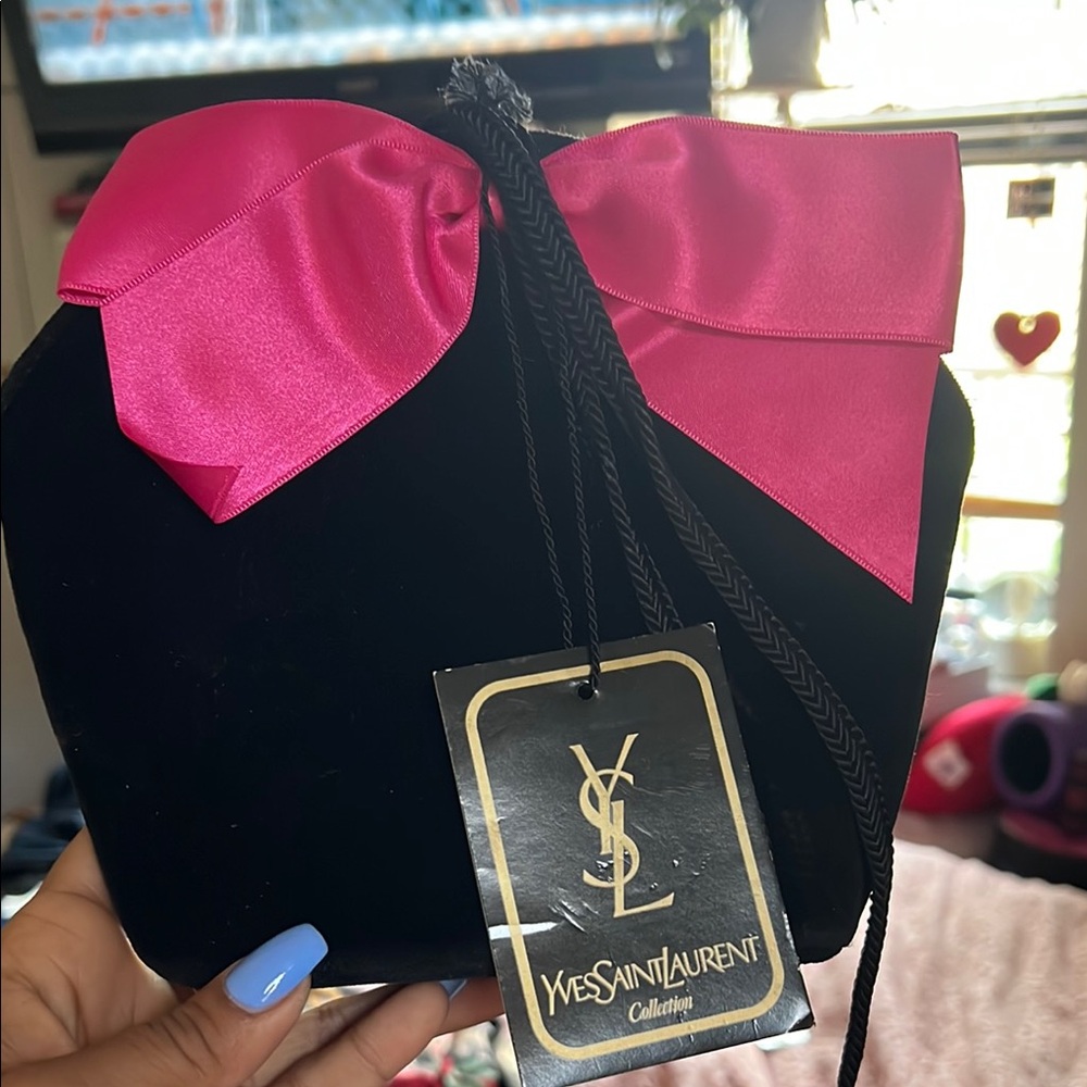 Yves Saint Laurent Black Clutch with Pink Bow